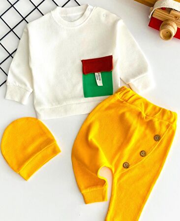 Neşeli Bebekler Petek Kumaş Cepli Bereli Mevsimlik Takım Sarı