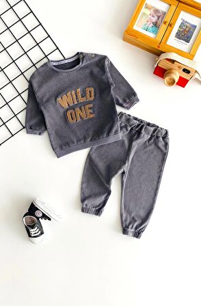 Neşeli Bebekler Wild One Nakışlı Kot Takım Siyah