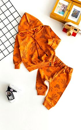 Neşeli Bebekler Ayıcık Desen İki İplik Kumaş Kapüşonlu Takım Turuncu