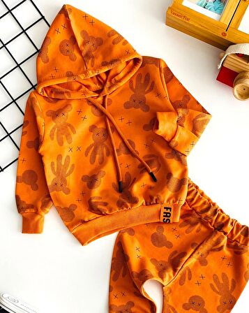 Neşeli Bebekler Ayıcık Desen İki İplik Kumaş Kapüşonlu Takım Turuncu