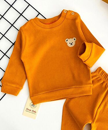 Neşeli Bebekler Ayıcık Nakışlı Raporlu Kumaş Takım Hardal