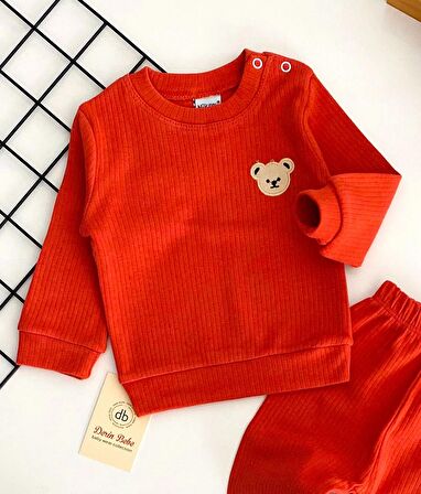 Neşeli Bebekler Ayıcık Nakışlı Raporlu Kumaş Takım Kiremit