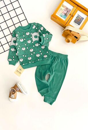 Neşeli Bebekler Sevimli Ayıcıklar Baskılı Desen İki İplik Penye Kumaş Takım Yeşil