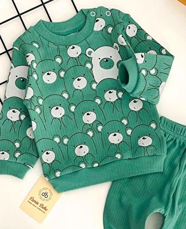 Neşeli Bebekler Sevimli Ayıcıklar Baskılı Desen İki İplik Penye Kumaş Takım Yeşil