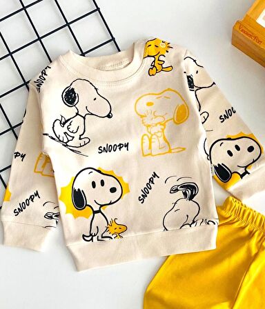 Neşeli Bebekler Snopy Baskılı Desen İki İplik Penye Kumaş Takım Sarı