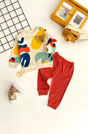 Neşeli Bebekler Think Yes Baskılı Desen İki İplik Penye Kumaş Takım Renkli Kiremit