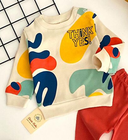 Neşeli Bebekler Think Yes Baskılı Desen İki İplik Penye Kumaş Takım Renkli Kiremit