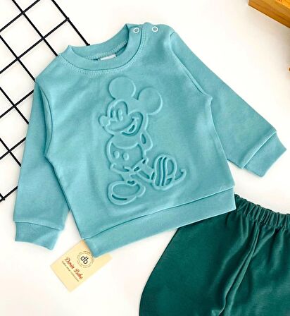Neşeli Bebekler Mickey Kabartma Desen İki İplik Penye Kumaş Takım Yeşil