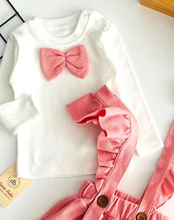 Neşeli Bebekler Kurdeleli Badili Petek Kumaş Etekli Salopet Takım Pembe