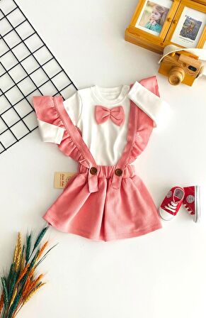 Neşeli Bebekler Kurdeleli Badili Petek Kumaş Etekli Salopet Takım Pembe