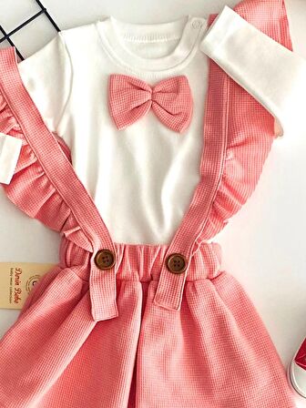 Neşeli Bebekler Kurdeleli Badili Petek Kumaş Etekli Salopet Takım Pembe