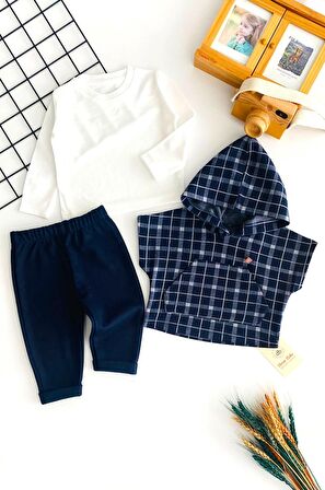 Neşeli Bebekler Kapüşonlu Panço Yelekli Armalı İki İp Kumaş Üçlü Takım Lacivert