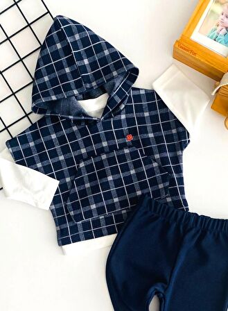Neşeli Bebekler Kapüşonlu Panço Yelekli Armalı İki İp Kumaş Üçlü Takım Lacivert