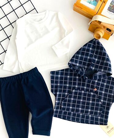 Neşeli Bebekler Kapüşonlu Panço Yelekli Armalı İki İp Kumaş Üçlü Takım Lacivert