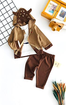 Neşeli Bebekler Kapüşonlu Hırkalı Armalı İki İp Kumaş Üçlü Takım Kahverengi