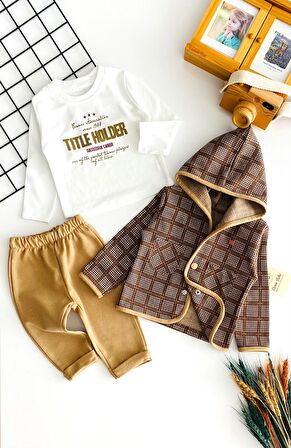 Neşeli Bebekler Kapüşonlu Önden Cepli Çıtçıtlı Hırkalı İki İp Kumaş Üçlü Takım Kahverengi