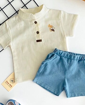 Neşeli Bebekler Hakim Yaka Müslin Tişört Kot Şortlu Takım Krem
