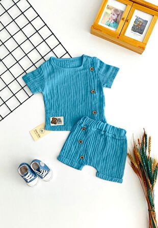 Naffa Baby Müslin Kumaş Önden Düğmeli Desen Yazlık Takım Mavi