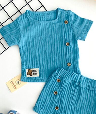 Naffa Baby Müslin Kumaş Önden Düğmeli Desen Yazlık Takım Mavi