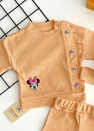 Naffa Baby Petek Kumaş Minnie Kabartma Desen Saç Bantlı Yazlık Takım Somon