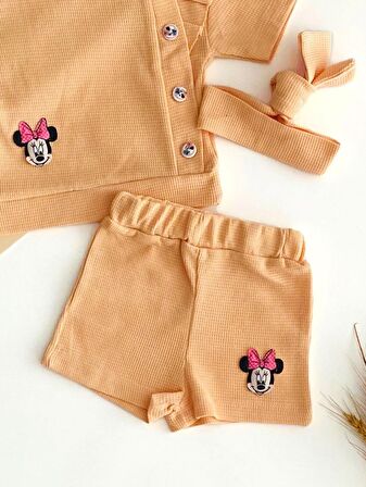 Naffa Baby Petek Kumaş Minnie Kabartma Desen Saç Bantlı Yazlık Takım Somon