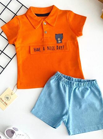 Neşeli Bebekler Lacoste Yaka Tişört Kot Şortlu Takım Turuncu
