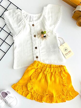 Neşeli Bebekler Bronşlu Reglan Kol Fistolu Müslin Kumaş Badili Fırfırlı Şort Takım Sarı