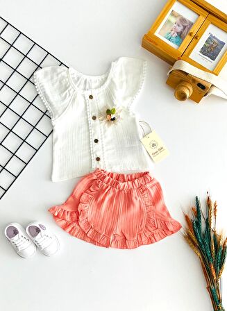 Neşeli Bebekler Bronşlu Reglan Kol Fistolu Müslin Kumaş Badili Fırfırlı Şort Takım Pembe