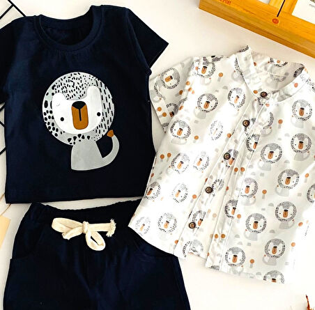 Neşeli Bebekler Aslan Baskılı Gömlekli Üçlü Takım