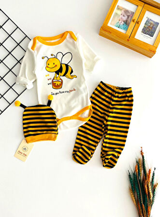 Neşeli Bebekler Arı Baskılı Bereli Ayağı Patikli Üçlü Takım