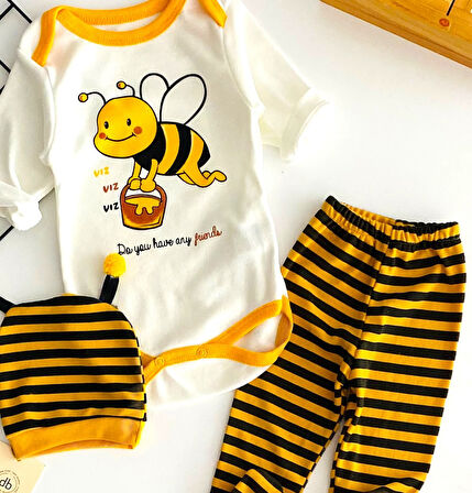 Neşeli Bebekler Arı Baskılı Bereli Ayağı Patikli Üçlü Takım