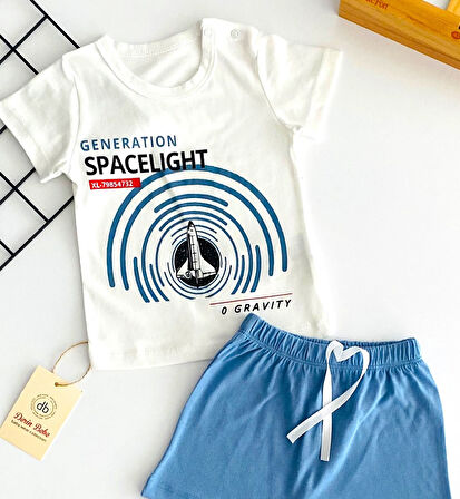 Neşeli Bebekler Roket Baskılı Şort Takım Mavi