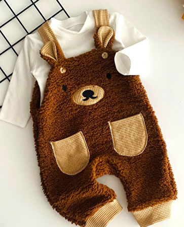 Neşeli Bebekler Welsoft Ayıcık Nakışlı Kulaklı Cepli Salopet Takım Kahve