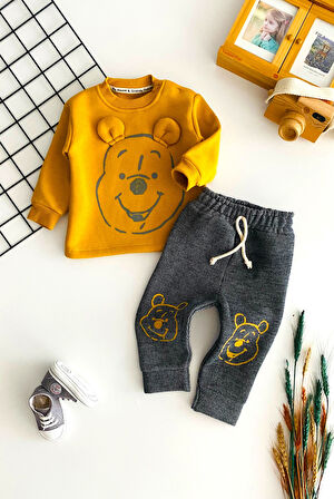Neşeli Bebekler Winnie The Pooh Nakışlı Şardonlu Üç İp Polar Takım Hardal