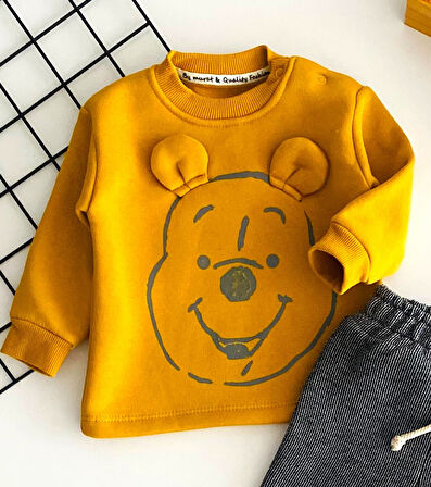 Neşeli Bebekler Winnie The Pooh Nakışlı Şardonlu Üç İp Polar Takım Hardal
