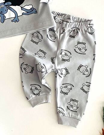 Neşeli Bebekler Baby Koyun Shaun Annesinin Kuzusu Baskılı Pijama Takım Gri