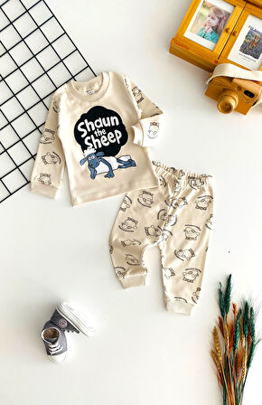 Neşeli Bebekler Baby Koyun Shaun Annesinin Kuzusu Baskılı Pijama Takım Bej