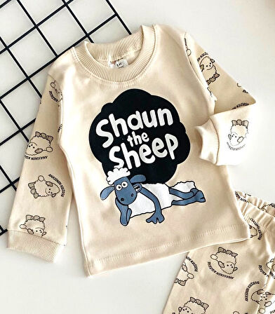 Neşeli Bebekler Baby Koyun Shaun Annesinin Kuzusu Baskılı Pijama Takım Bej