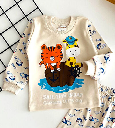 Neşeli Bebekler Baby Sevimli Denizciler Baskılı Pijama Takım Bej