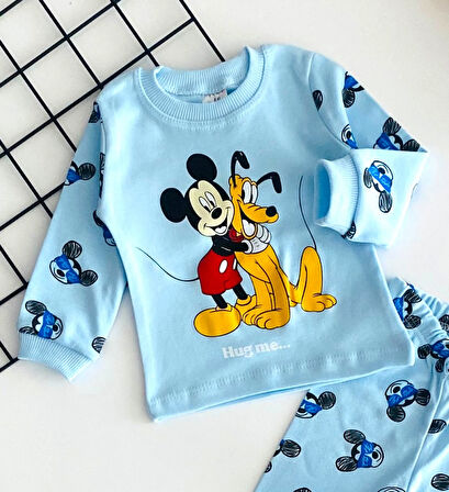 Neşeli Bebekler Baby Mickey ve Pluto Baskılı Pijama Takım Mavi