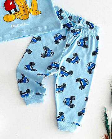 Neşeli Bebekler Baby Mickey ve Pluto Baskılı Pijama Takım Mavi