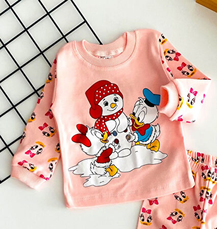 Neşeli Bebekler Baby Kardan Adamlı Baby Duck & Baby Daisy Duck Baskılı Pijama Takım Somon