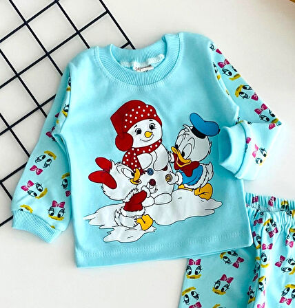 Neşeli Bebekler Baby Kardan Adamlı Baby Duck & Baby Daisy Duck Baskılı Pijama Takım Yeşil