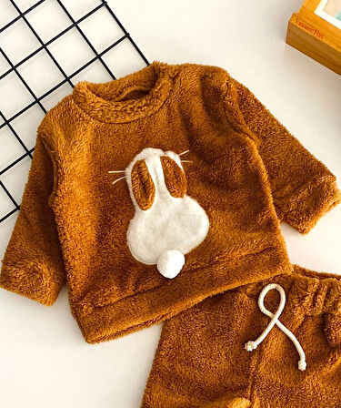 Neşeli Bebekler Tavşan Kabartmalı Welsoft Takım Kahve