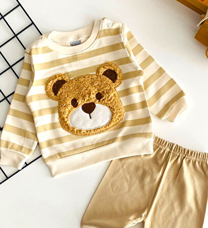 Neşeli Bebekler Peluş Ayıcık Kabartma Desenli Çizgili Yakadan Çıtçıtlı Mevsmlik Takım Vizon