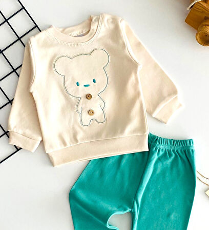 Neşeli Bebekler Ayıcık Nakışlı Düğmeli Desenli Yakadan Çıtçıtlı Mevsmlik Takım Yeşil