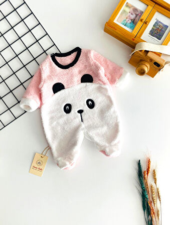 Neşeli Bebekler Panda Kabartma Desen Kendinden Patikli Welsoft Kumaş Tulum Pembe
