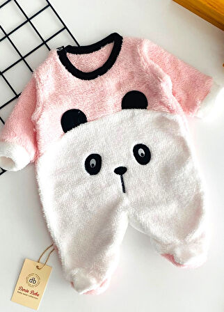 Neşeli Bebekler Panda Kabartma Desen Kendinden Patikli Welsoft Kumaş Tulum Pembe