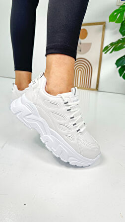 Günlük Kadın Sneaker Bağcıklı Yüksek Kalın Tabanlı Oval Burunlu Rahat Hafif Spor Ayakkabı 1001