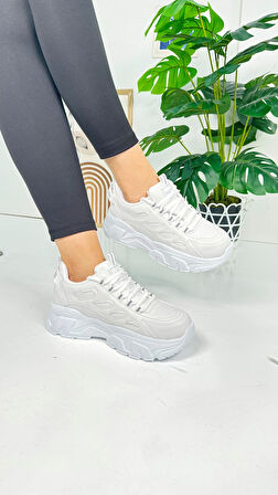 Günlük Kadın Sneaker Bağcıklı Yüksek Kalın Tabanlı Oval Burunlu Rahat Hafif Spor Ayakkabı 1001